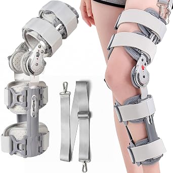 Adjustable Hinged ROM Knee Brace   Knee Stabilizer Orthotics Leg Support with 0-120  Adjustable Locking Hinge, 193cm Strap, Left/Right Rehab Support for Ligament Injury, Meniscus Tear, Arthritis