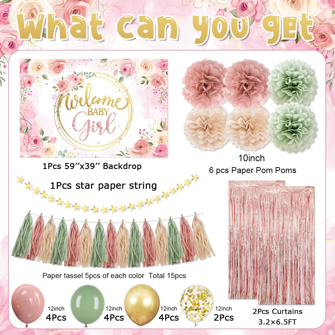 Dusty Pink and Sage Green Baby Shower Decorations Welcome Baby Girl Floral Backdrop Retro Pink Sage Green Gold Balloons Dusty Rose PomPoms Tassel Garland for Girl Birthday Baby Shower Decor