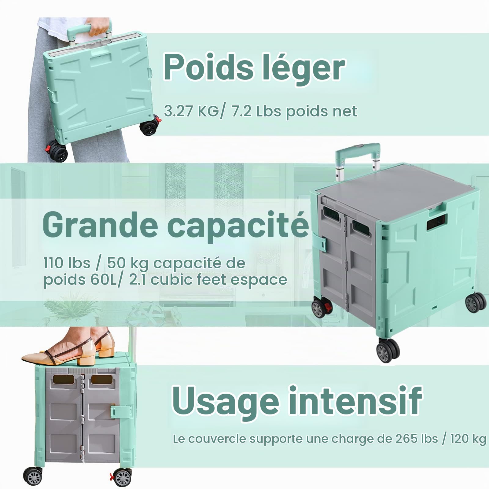 Chariot De Courses Pliable sur 4 Roues, Chariot De Rangement avec Poignée Télescopique Réglable, Chariot Portable Robuste De 50 Kg avec Couvercle pour Le Shopping/Camping - Vert/Gris