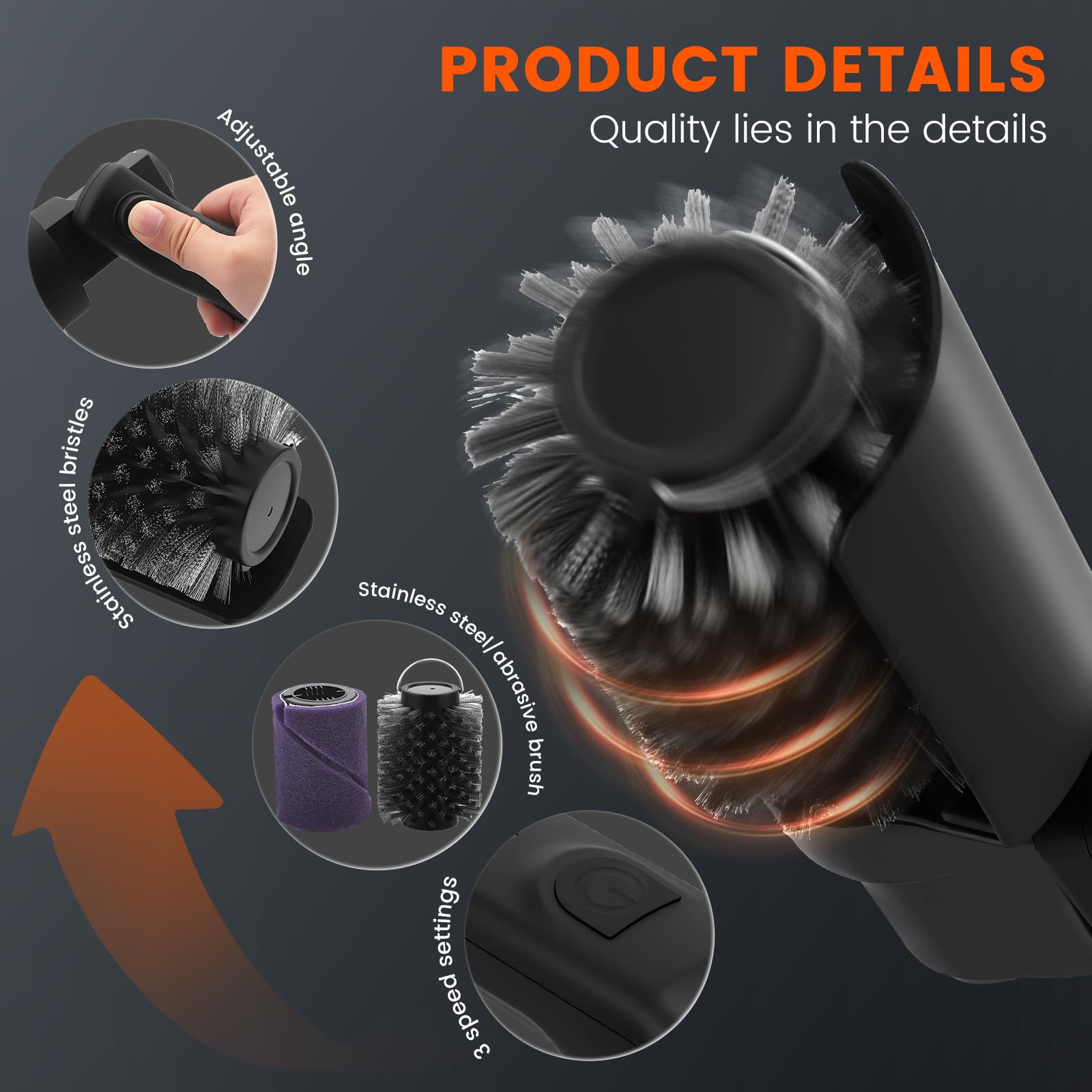 Brosse Électrique De Nettoyage pour Barbecue,sans Poils,3 Vitesses,Etanche IPX7,en Acier Inoxydable 304,Indicateur De Batterie À 5 Niveaux,Compatible avec Tous Les Barbecues