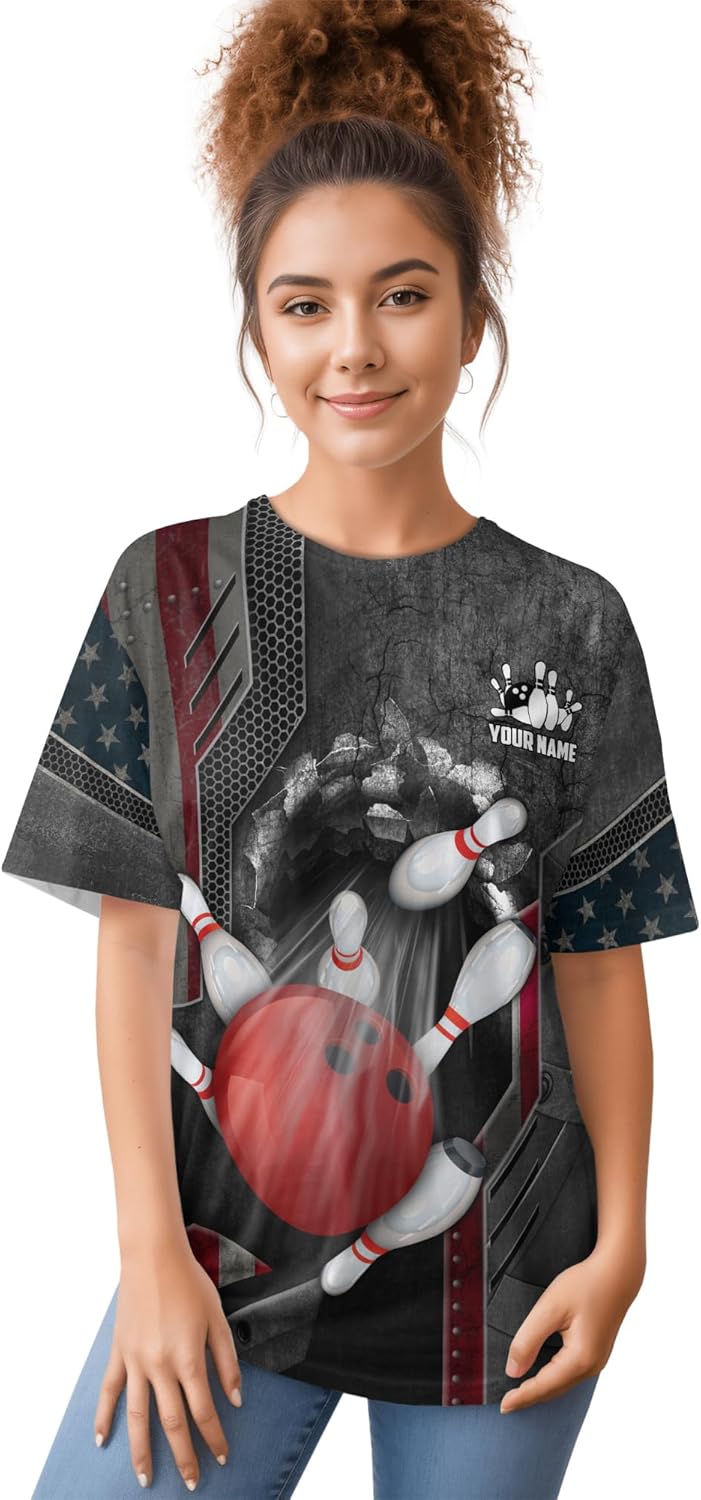 Mens Bowling T-Shirt Custom USA Break Bowling Tee Shirt for Women 3 D Bowling Clothing