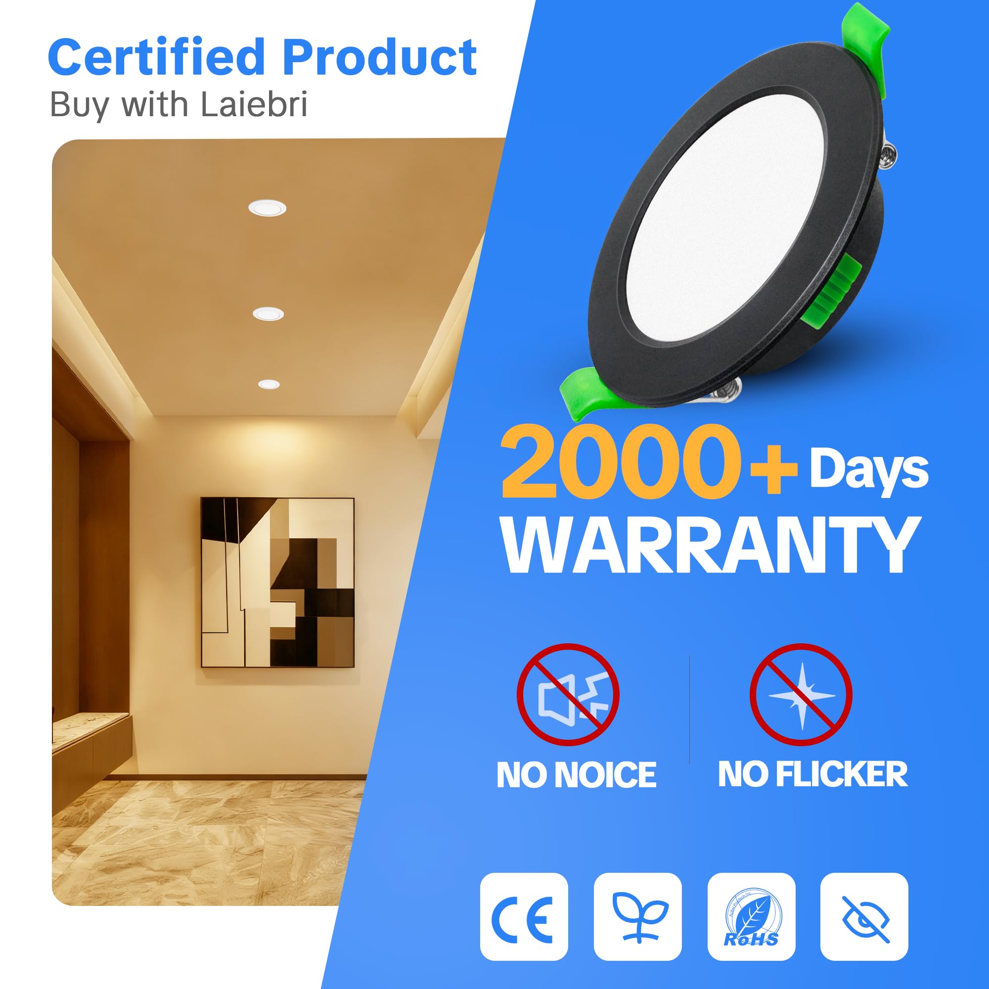 Confezione da 10 Pack da Incasso a LED 230V Nero - Faretti da Soffitto IP44 - Faretti da Incasso a Soffitto Ø68-80mm, 2700K/4000K/6500K Lampada da Soffitto Plafoniera LED per Bagno Cucina
