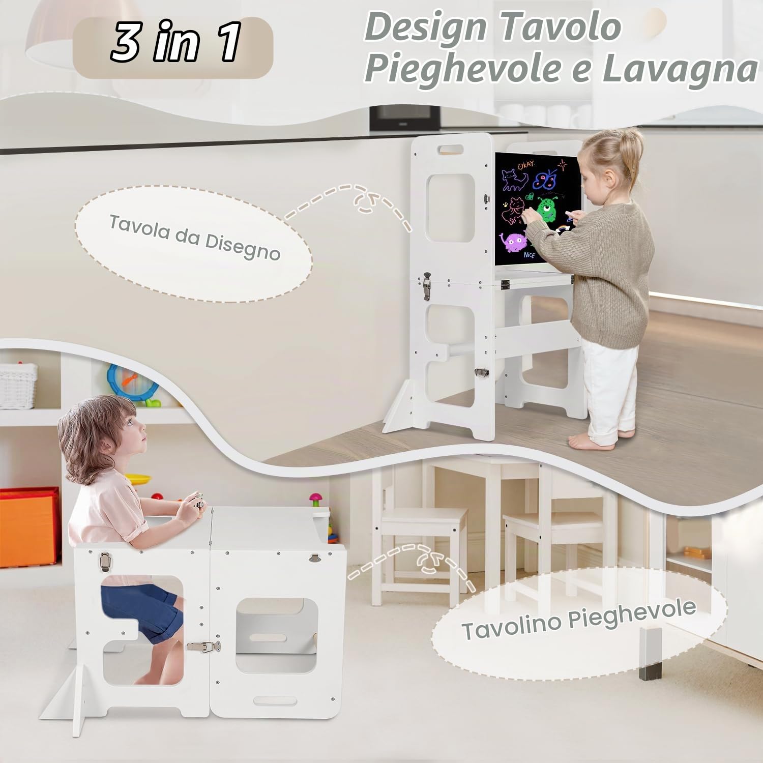 Torre montessoriana per bambini, 3 in 1 Multifunzionale Torre di apprendimento con lavagna, montessoriana Learning Tower Con tavolo da disegno scala montessoriana per bambini legnoso (Bianco)