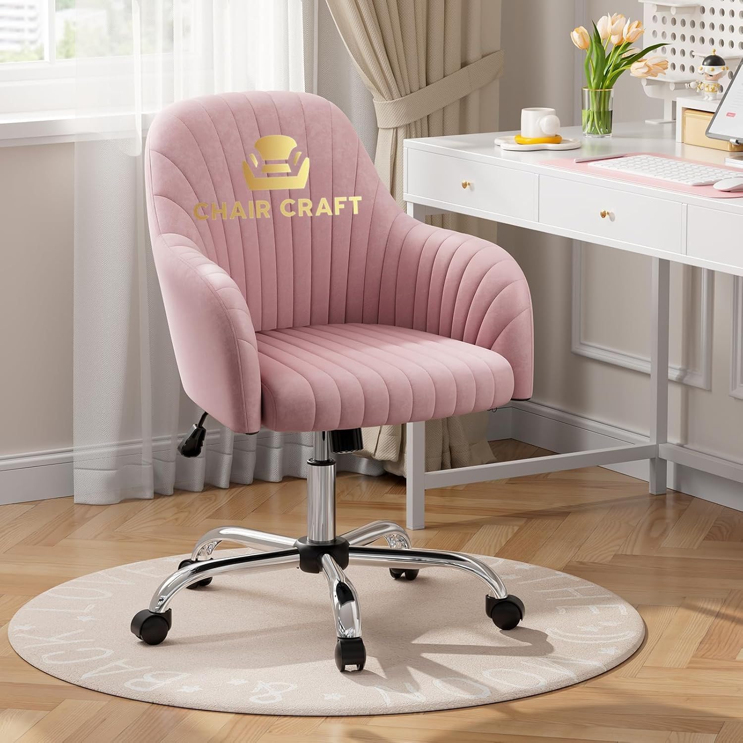 Velvet Desk Chair for Home Office, Adjustable Swivel Task Chair Modern Computer Vanity Chairs with Arm Rest for Bedroom Living Room Make-up Room (Pink Light)-image-8