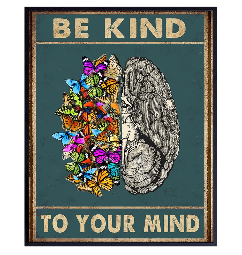 YELLOWBIRD ART & DESIGNWall Art & Decor - Be Kind to Your Mind Mental health Wall Print - Vintage Butterflies Brain Artwork Poster - Zen Meditation Decor - Office Family Living room Bedroom Picture