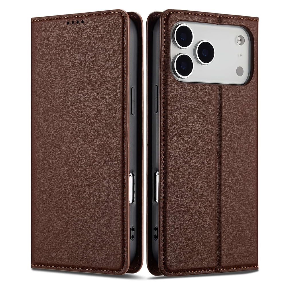 Étui en cuir iPhone 17 Pro Max à rabat portefeuille et support marron