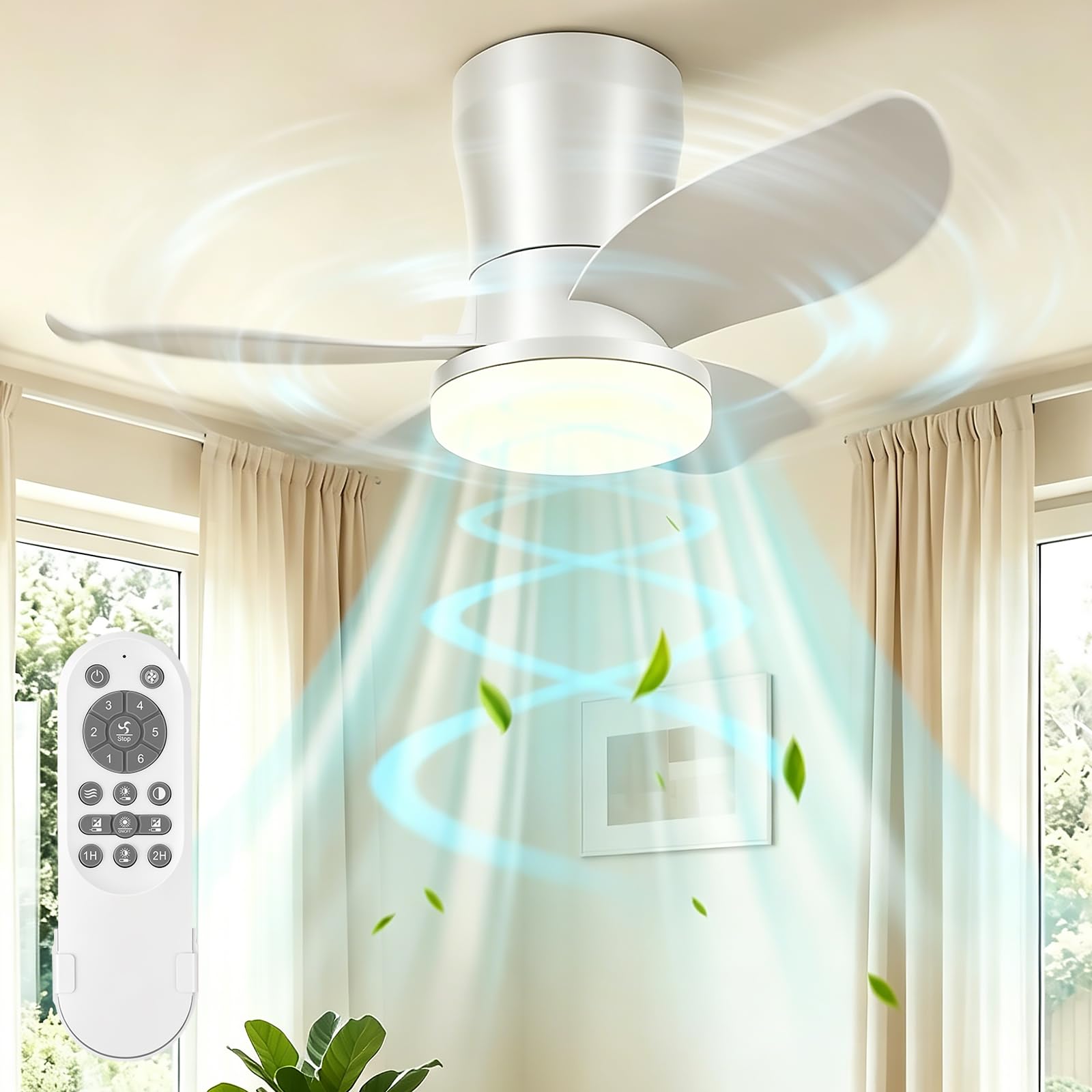 Ventilador De Techo Modernos De 26 Pulgadas, Ventilador De Techo Con Luz Led Y Control Remoto, Lampara Ventilador Silencioso De 3 Aspas Para Interior/exterior Con 3cct 6 Velocidades (Blanco)