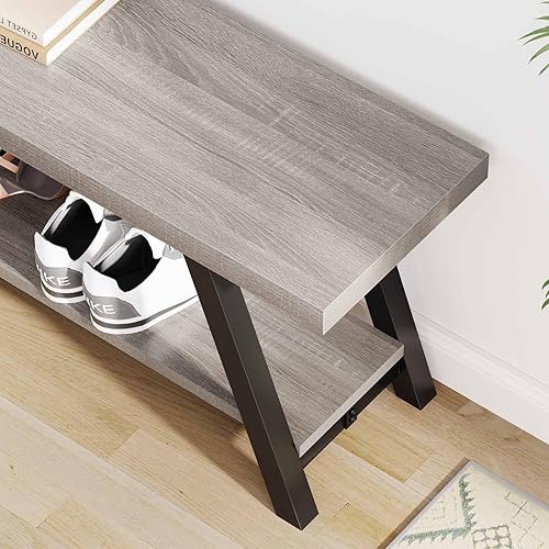 Miniatura 5 de LVB Industrial Entryway Bench, Wood and Metal Storage Bench, Indoor Farmhouse Hallway Accent Entry Bench for Seating Sitting, Shoe Rack Organizer