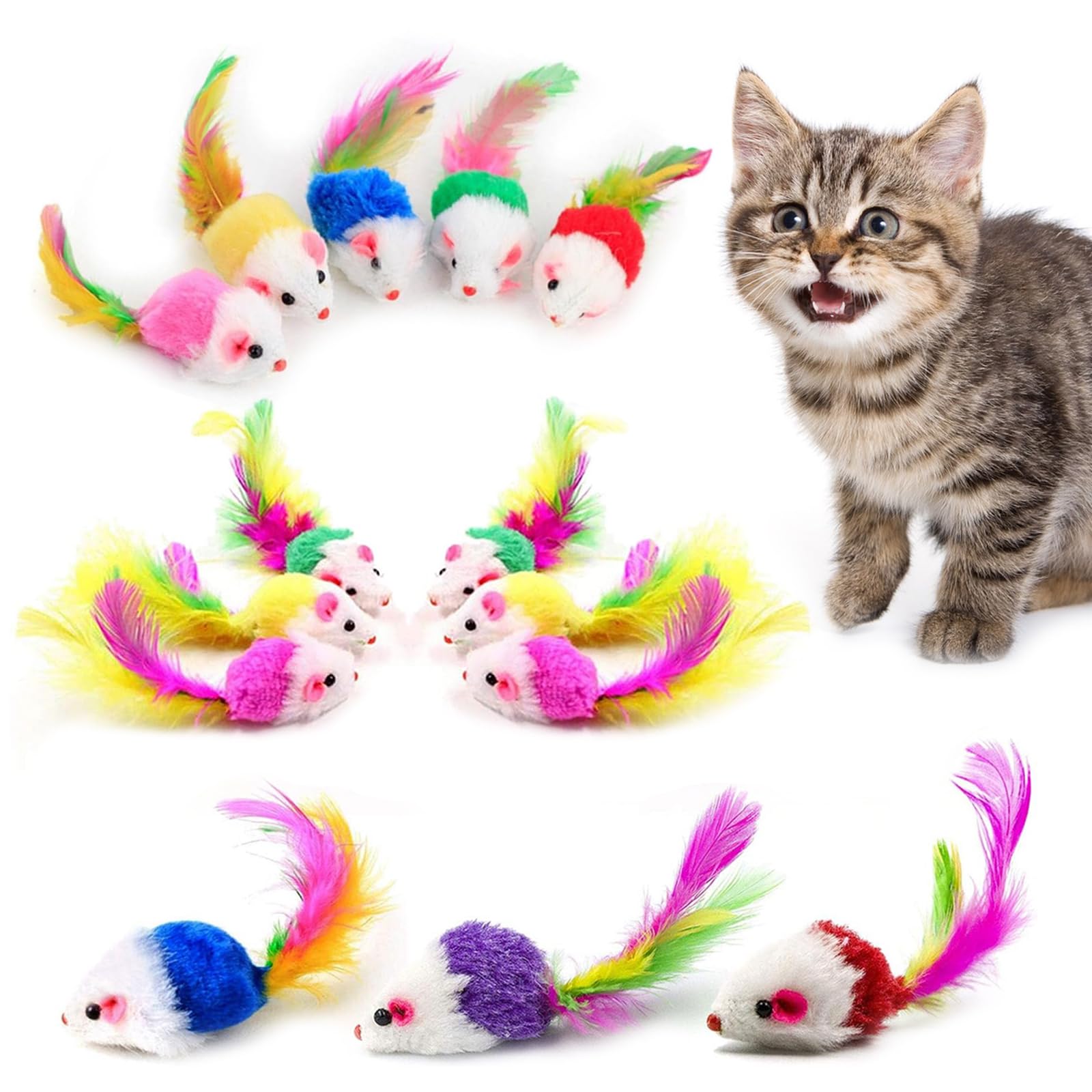 YXBWM Cat Mouse Toys with Catnip 20 Pack, Interactive Plush Mice with Feather Tail and Rattle, Kitten Variety Pack for Indoor Cats
