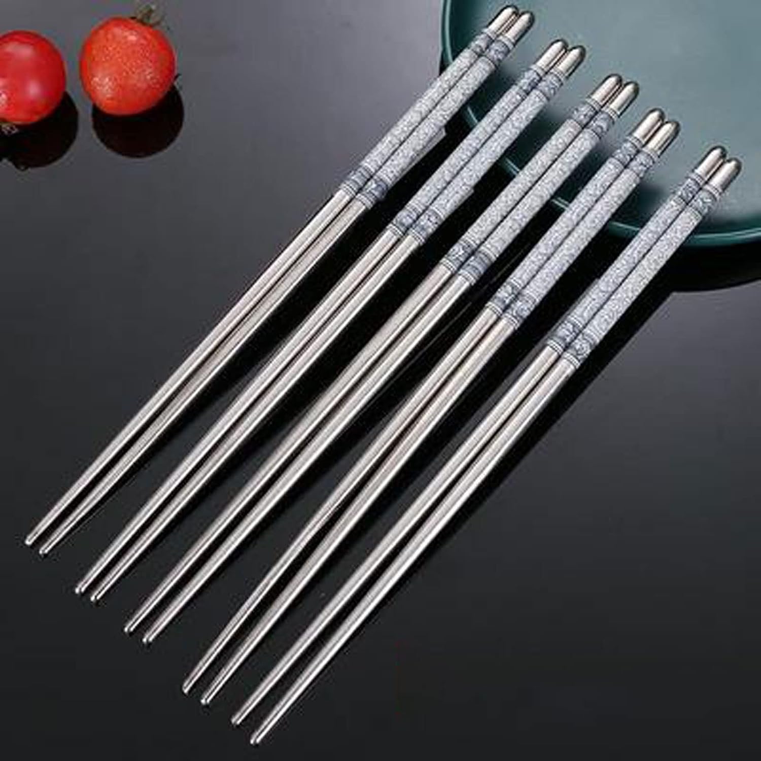 Chopsticks 5 Pairs Reusable Flower Pattern Stainless Steel Chopsticks, Cooking Metal Lightweight