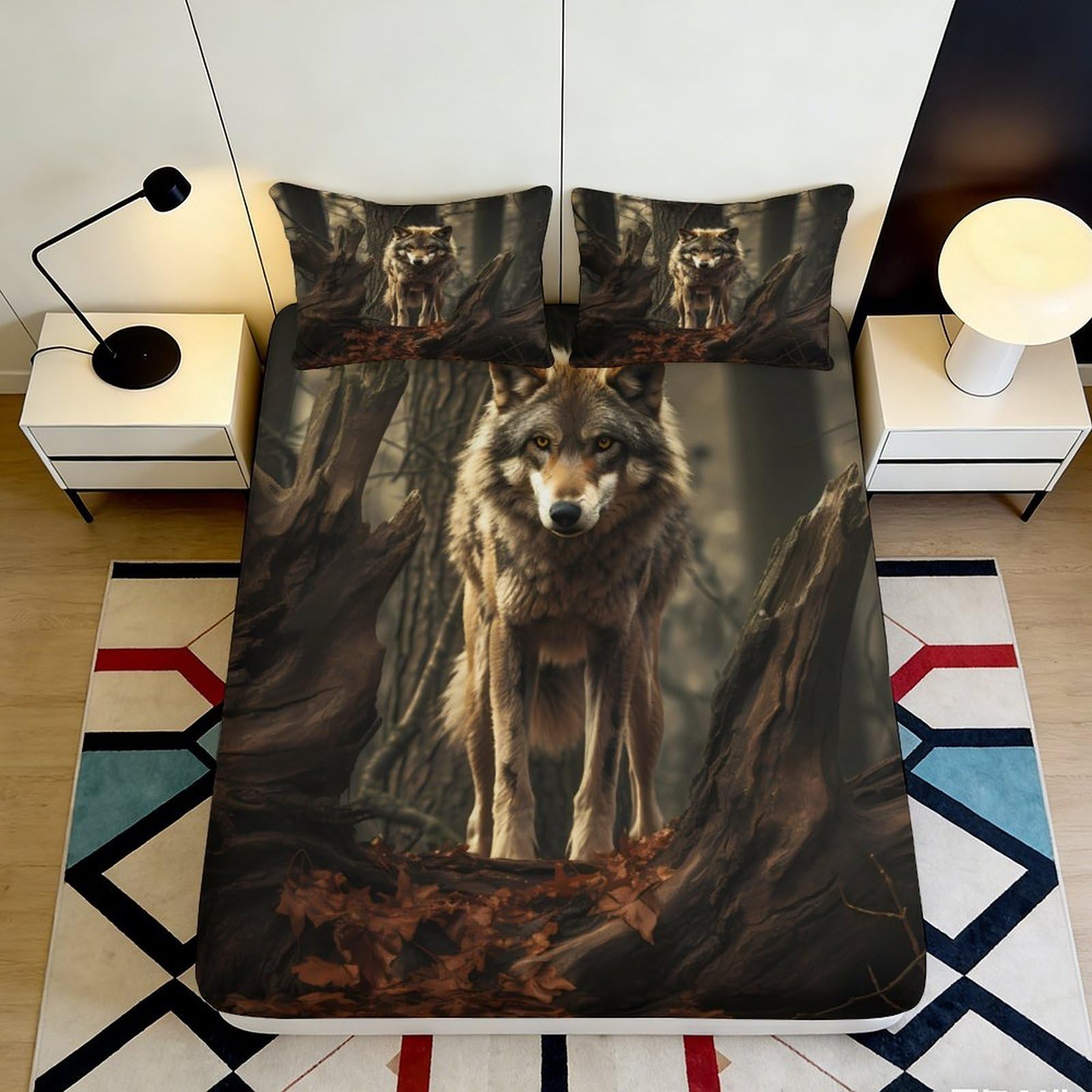 3D Printed Wolf Forest Fitted Sheet Microfiber Soft Durable 3D Printed Wolf Bed Cover for Bedroom Dormitory Guest Room Mattress Protection 120x200x25cm