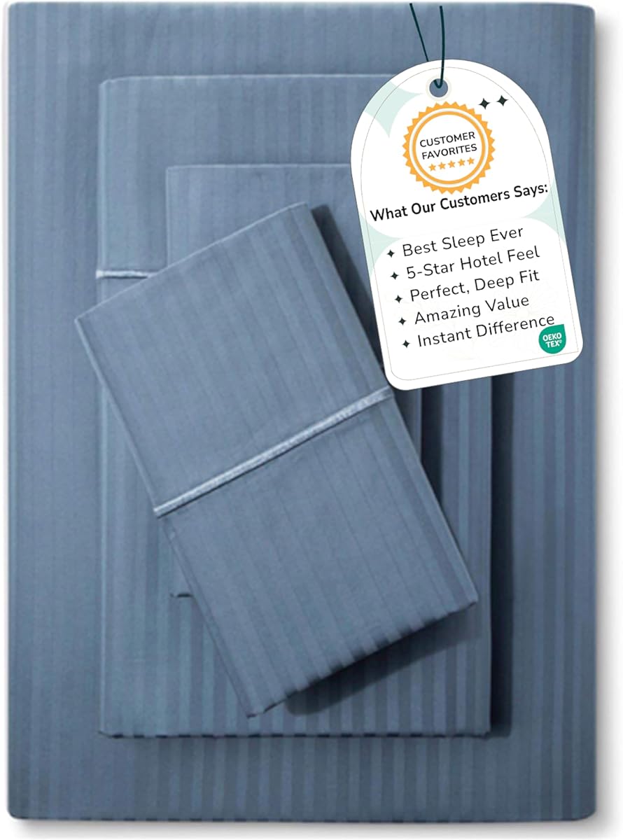 Feather & Stitch 500 TC Queen Size Damask Bed Sheet Set, 100% Cotton Soft Breathable Bedsheets, 4 Piece 18" Deep Pockets Sateen Weave Striped Bedding Mattress Resort Hotel Luxury Décor - (Blue)