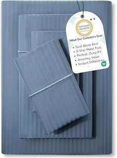 Feather & Stitch 500 TC Queen Size Damask Bed Sheet Set, 100% Cotton Soft Breathable Bedsheets, 4 Piece 18" Deep Pockets Sateen Weave Striped Bedding Mattress Resort Hotel Luxury- (Blue, Queen)