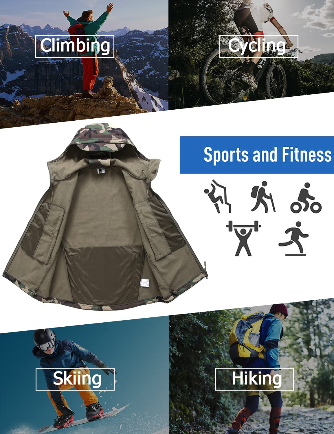 Homme Softshell Veste Militaire Tactique Imperméable Hiver Polaire Capuche Manteau avec Poches Multifonctions