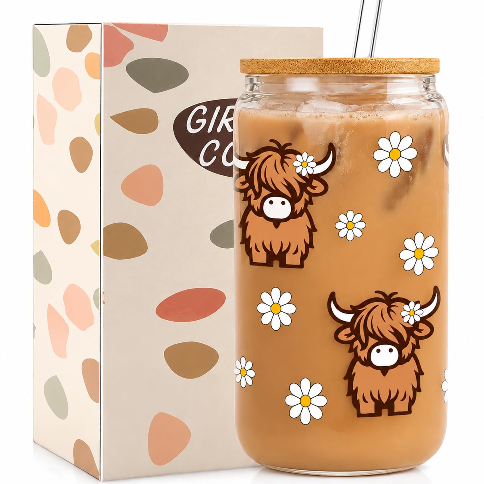Bukecagif Highland Cow Glass with Lid and Straw, Highland Cow