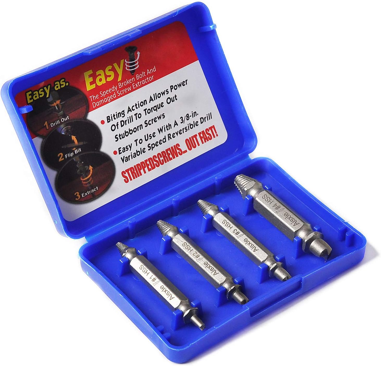 Aisxle Screw Extractor Set, Easily Remove Stripped or Damaged Screws, Made from H.S.S. 4341#, The Hardness is 62-63hrc, Set of 4