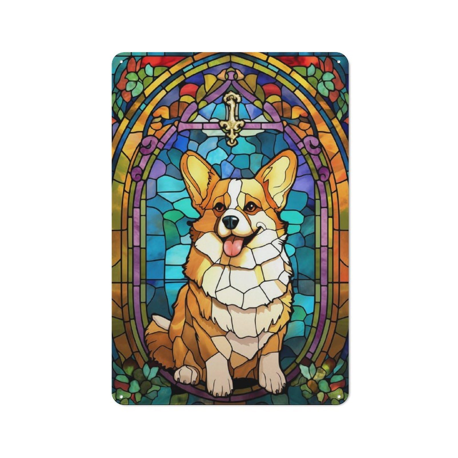 Vintage Metal Sign 30x20cm Featuring Corgi Stained Glass, Home Bar Decor for Cafe, Pub, Workshop Or Home Bar