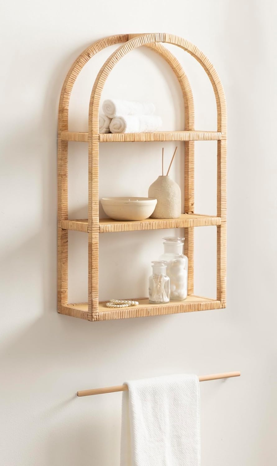 Kate and Laurel Rahmati Modern Arched Rattan Wall Shelf, 18 x 7 x 30, Natural Rattan, Boho Arch Wall Shelves for Over-the-Toilet Storage or Dorm Room Storage Shelf