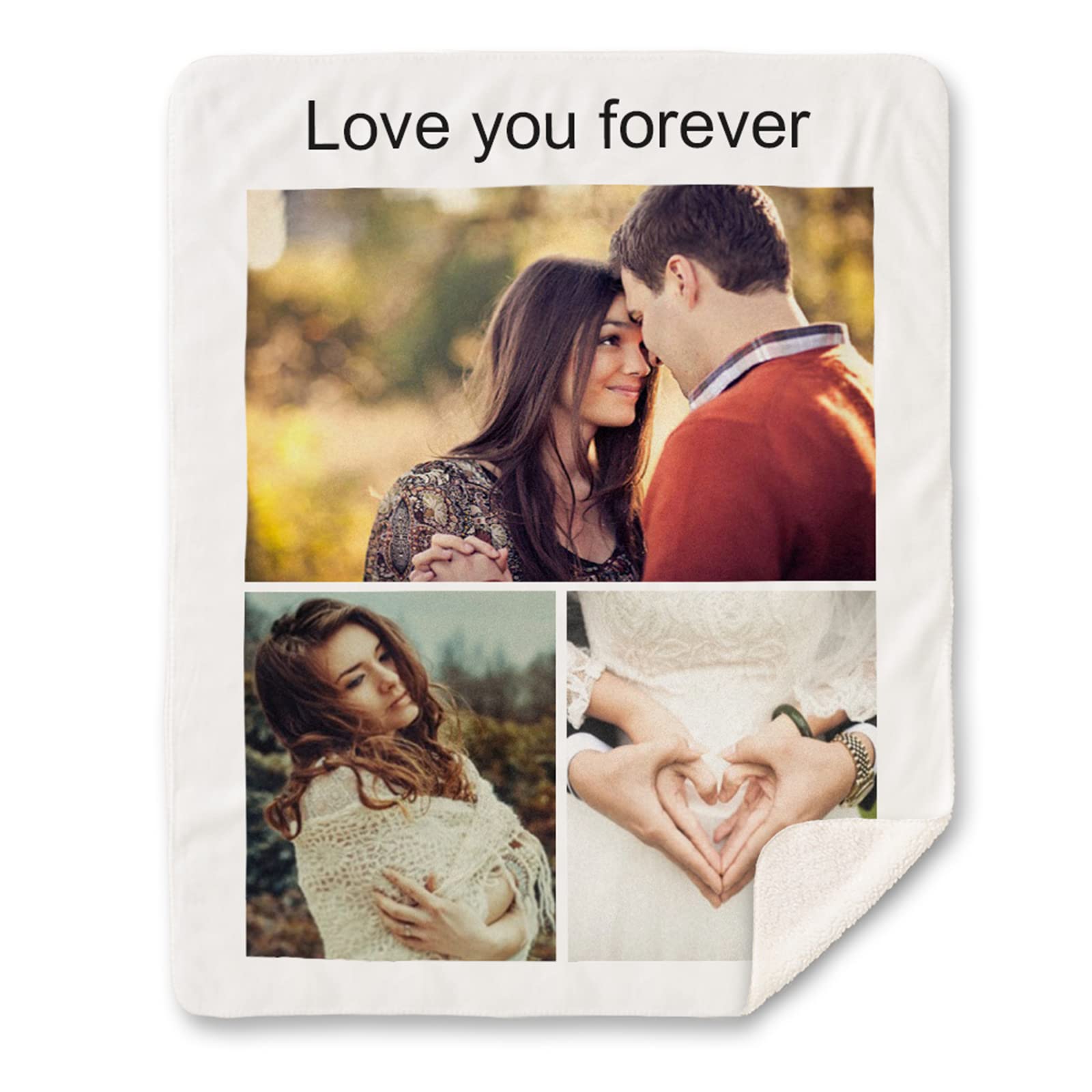 Custom Sherpa Blanket with 3 Photos Personalized Picture Printed Bed Blanket Queen Size, Soft Plush Blanket Customized for Family Friends Pets Dogs