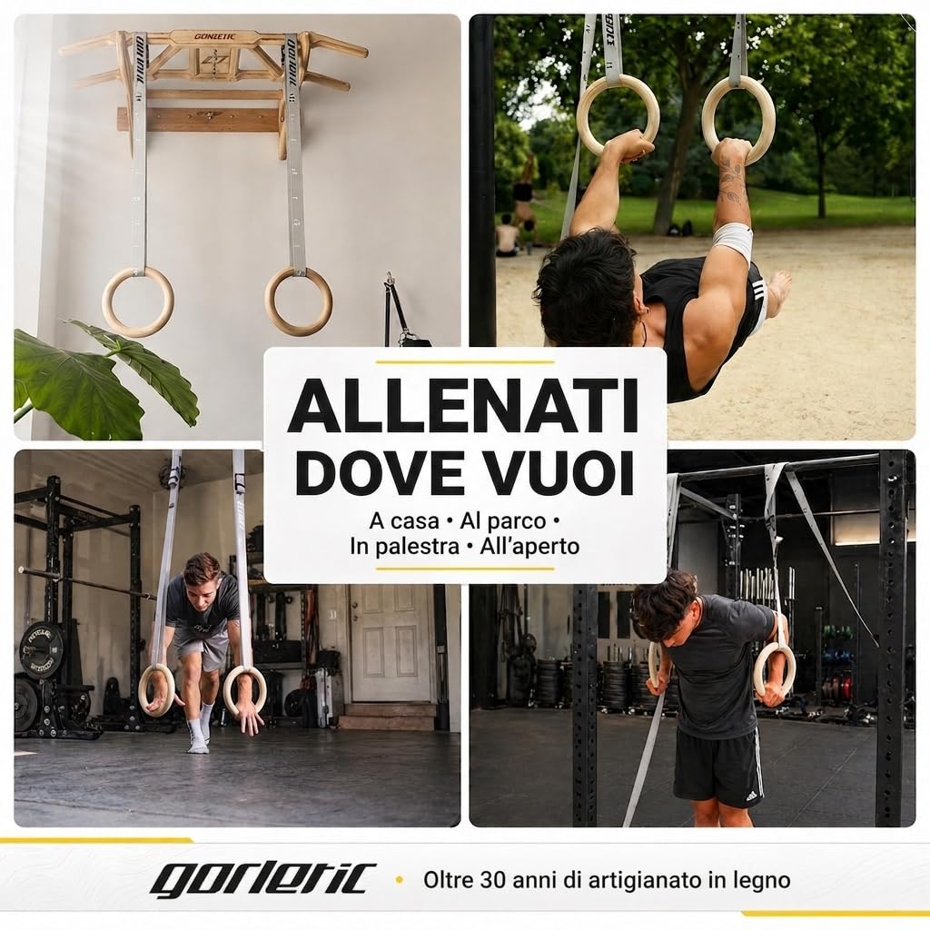 Gorletic - Anelli da ginnastica, anelli di legno da 28 e 32 mm di spessore, 4,5 m di cinghia rinforzata e marcata - qualità professionale