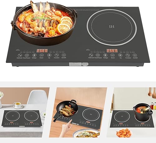 Miniatura 8 de Placa de cocción de doble inducción, 1200 W, potente 2 quemadores, cocina independiente de 110 V, estufa eléctrica horizontal con 8 engranajes,
