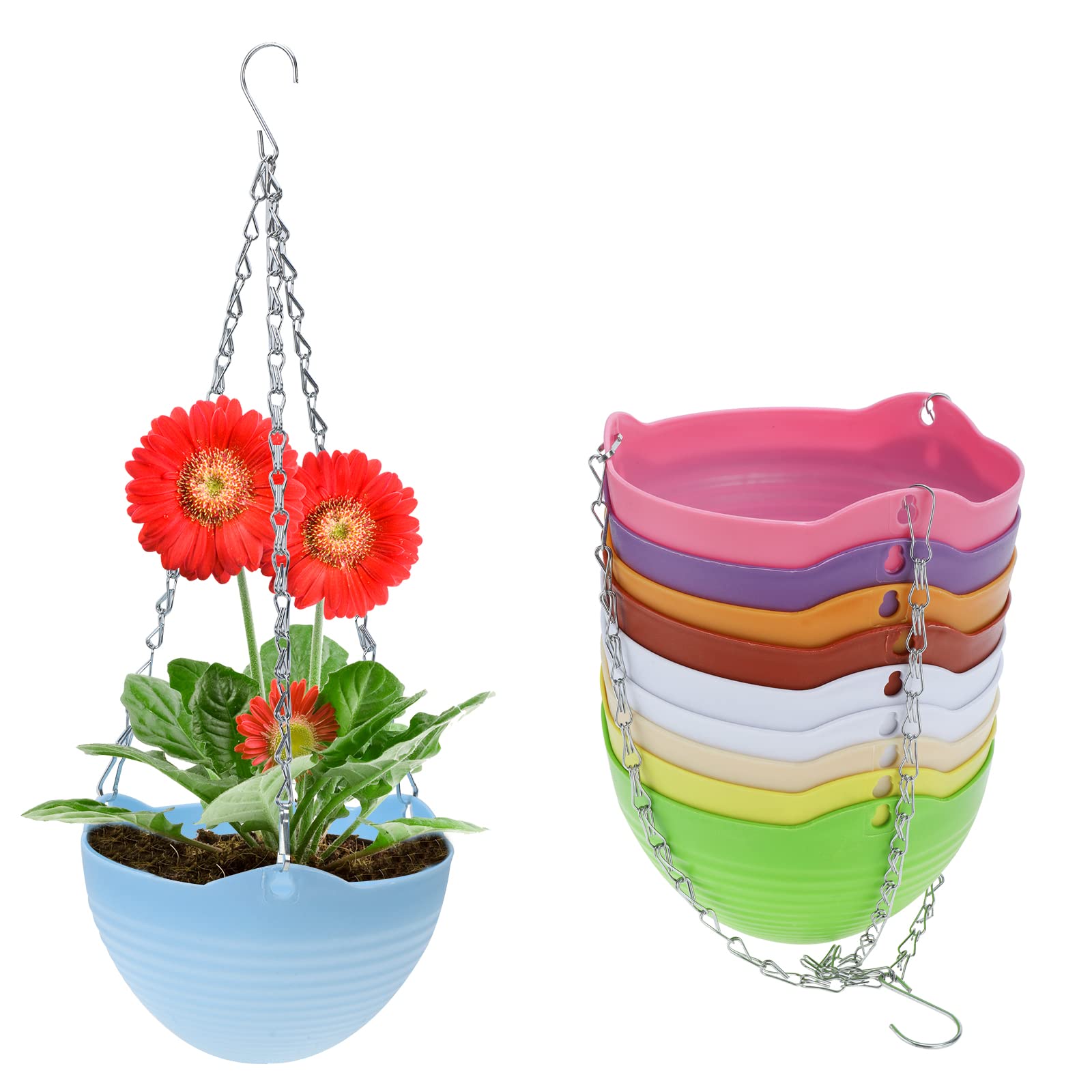 10Set 8IN Hanging Planter with Drainage Colorful Flower Pot Container with Hanging Chain (Assorted 9 Colors)