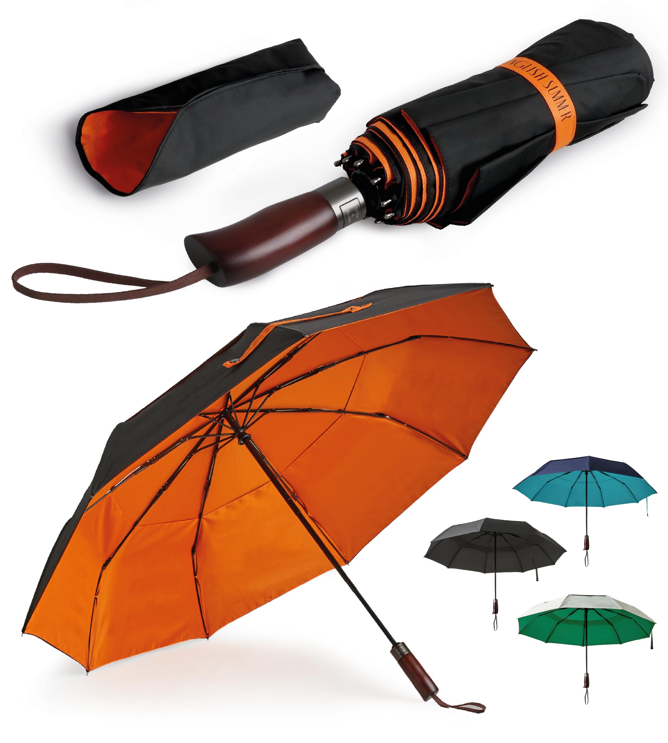 ENGLISH SUMMER Paraguas de lujo resistente al viento para la lluvia: fuerte, automático, doble ventilación, plegable portátil, toldo extragrande, calidad, mango de madera real