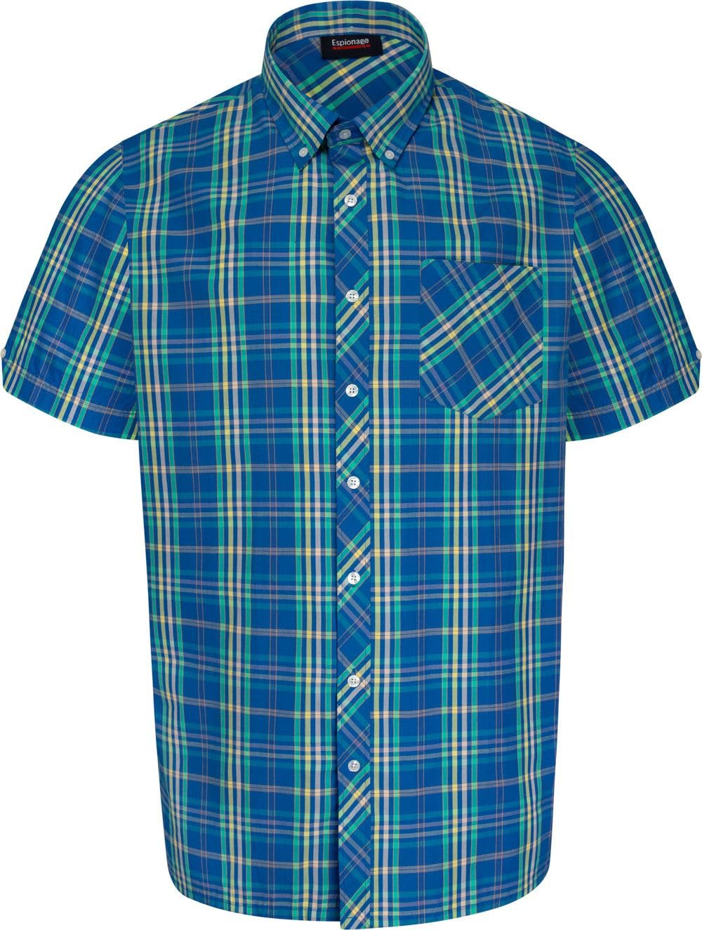 Espionage Short Sleeve Check Shirt for Men in Royal/Mint/Lemon 7XL