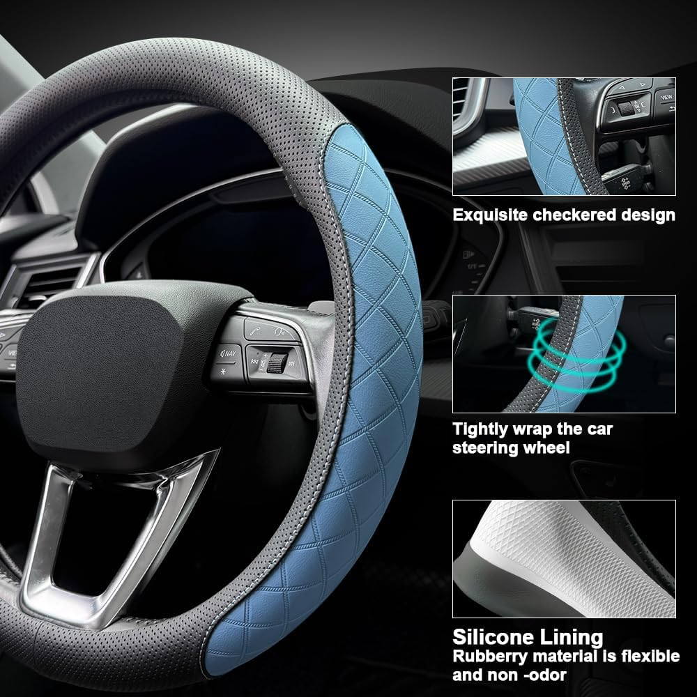 LKWLIKEI Nappa Leather Steering Wheel Cover,Elegant Diamond Checkered Design, Non-Slip wear-Resistant, Enhance Driving Comfort, Suitable for Steering Wheel Diameter 14 1/2‘-15’ Models.Black Blue - Image 3