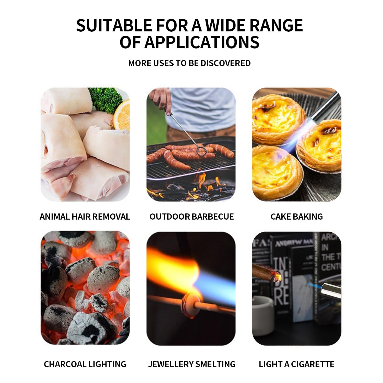 S400 Briquet de cuisine rechargeable compatible avec toutes les boîtes de butane Flamme réglable Idéal pour les barbecues, pâtisseries, desserts et gâteaux à la crème.