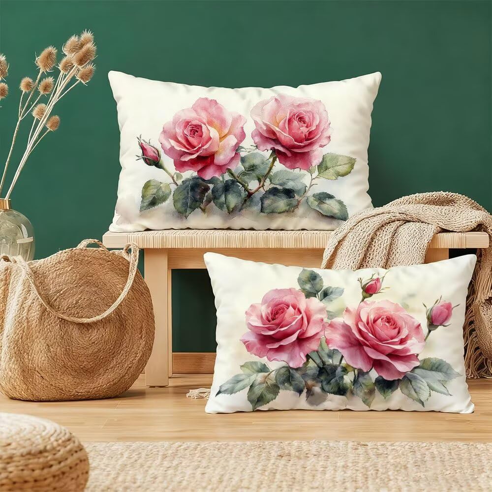 Taie d'oreiller 40x80cm rose velours housse de coussin fleur rectangulaire x2