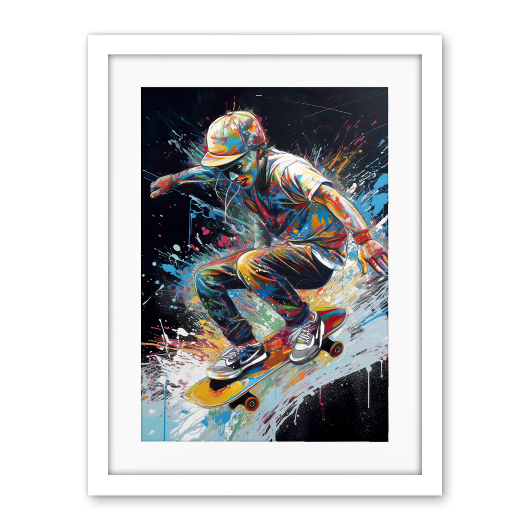 Artery8 Skateboarder Skating Multicoloured Splat Paint Artwork Framed Wall Art Print 18X24 Inch