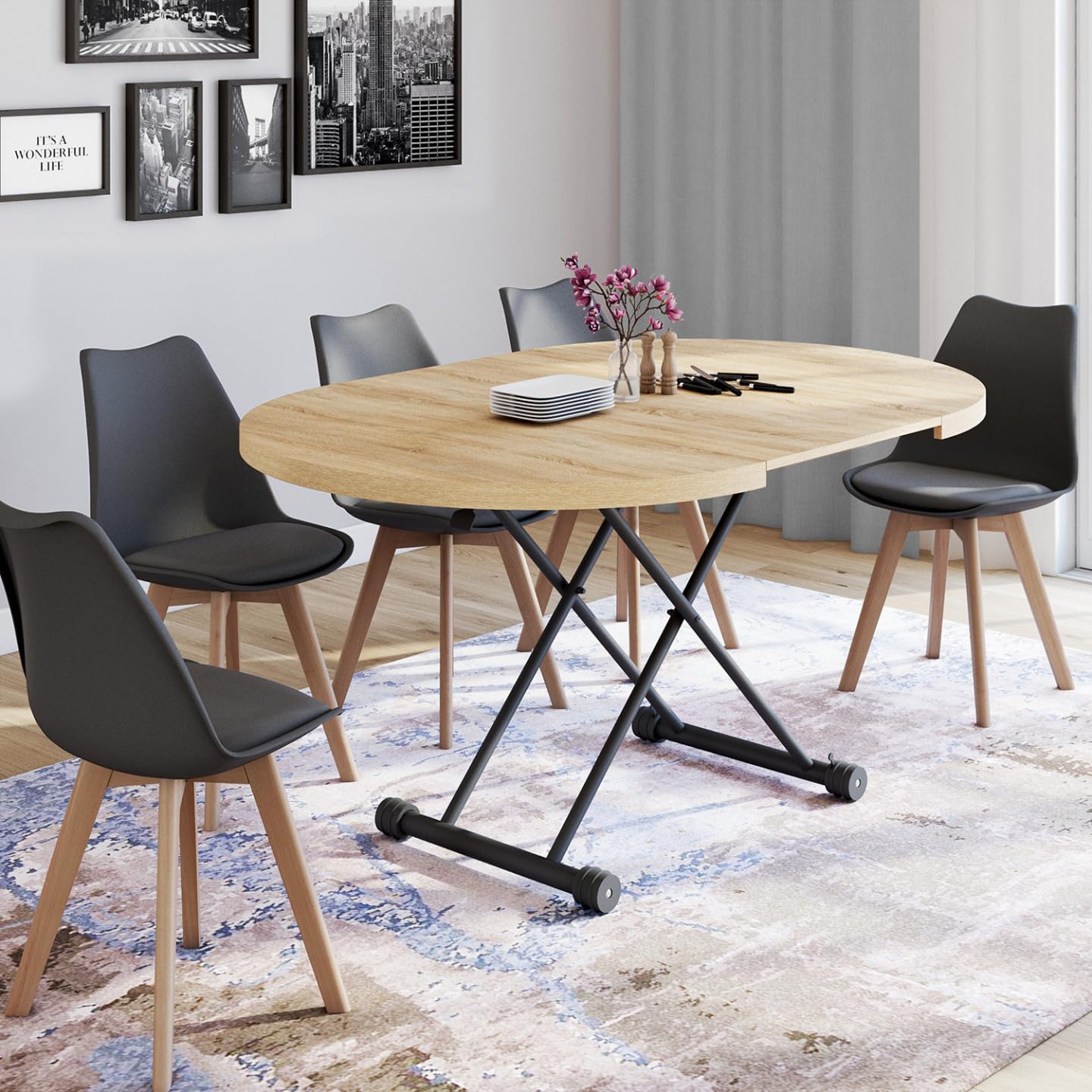 IDMarket - Mesa de centro extensible abatible convertible en mesa de comedor redonda ALTURA 100-150 cm de madera y diseño industrial negro