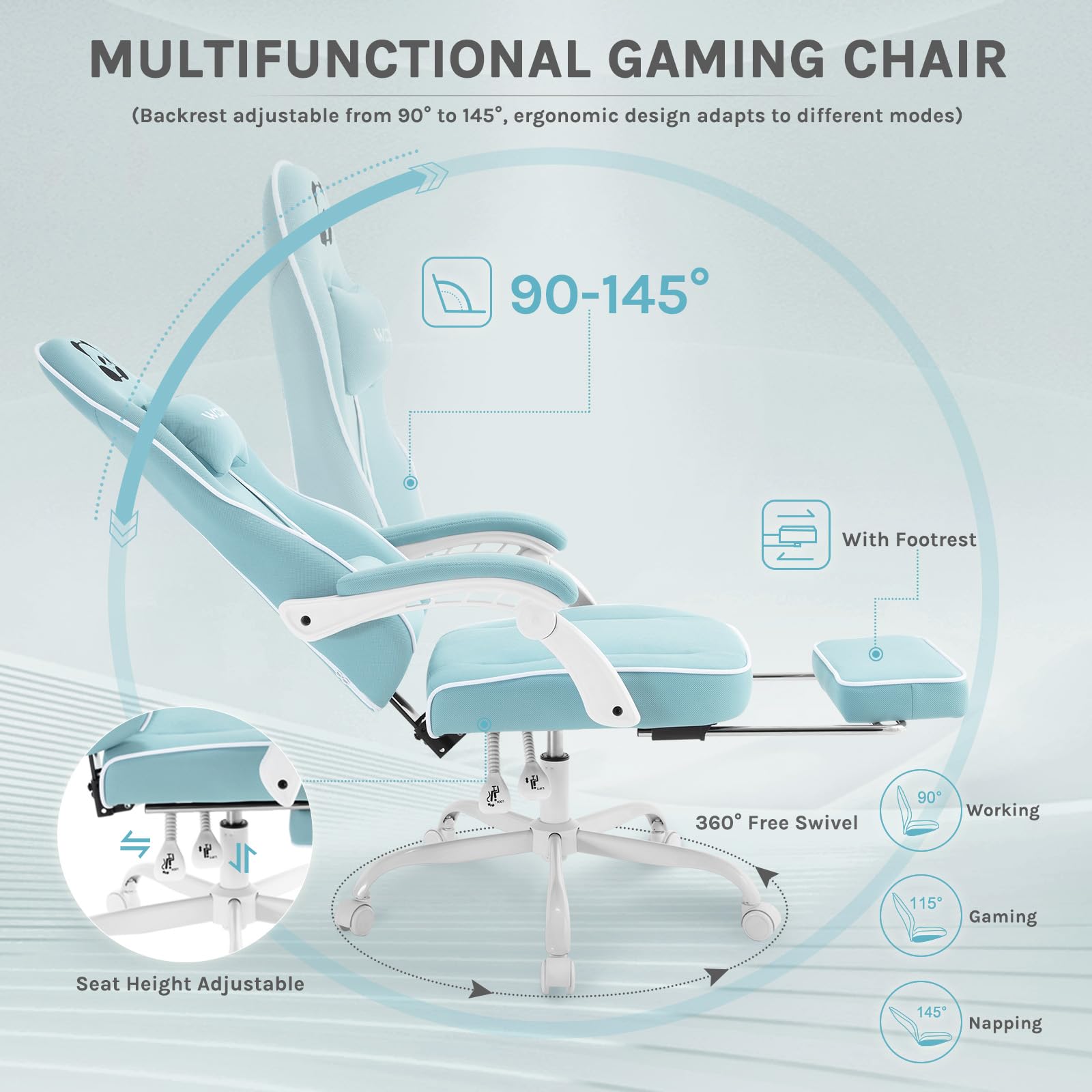 WOLTU Chaise Gaming, Fauteuil Gaming, avec Coussin à Ressorts Ensachés, Chaise Ergonomique, Charge 150kg, Appui-tête, Support Lombaire, Repose-Pieds, Tissu Maille, Bleu Clair