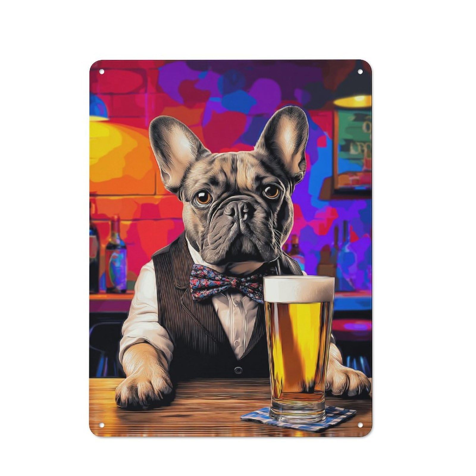 Junmoney French Bulldog Enjoying A Pint Industrial Tin Sign 40X30cm, Garage Wall Decor For Garage, Hobby Room, Office Or Man Cave