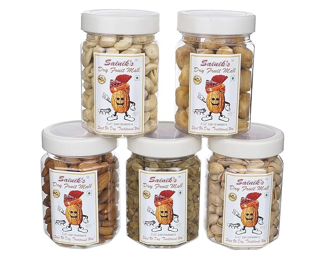 Sainik's Dy Fruits Mall Badam Kaju KishMish Namkeen Pista Jardulu Almond Dry Druit Combo-Pack of 5 each 100 Grams