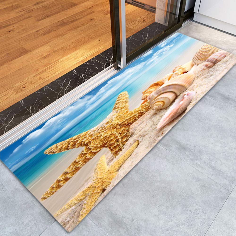 Tappetini assorbenti antiscivolo in bagno e cucina, in flanella luminosa e resistente, con stampa 3D in soggiorno, e tappeto decorativo a tema spiaggia di conchiglie da 180 x 61 cm
