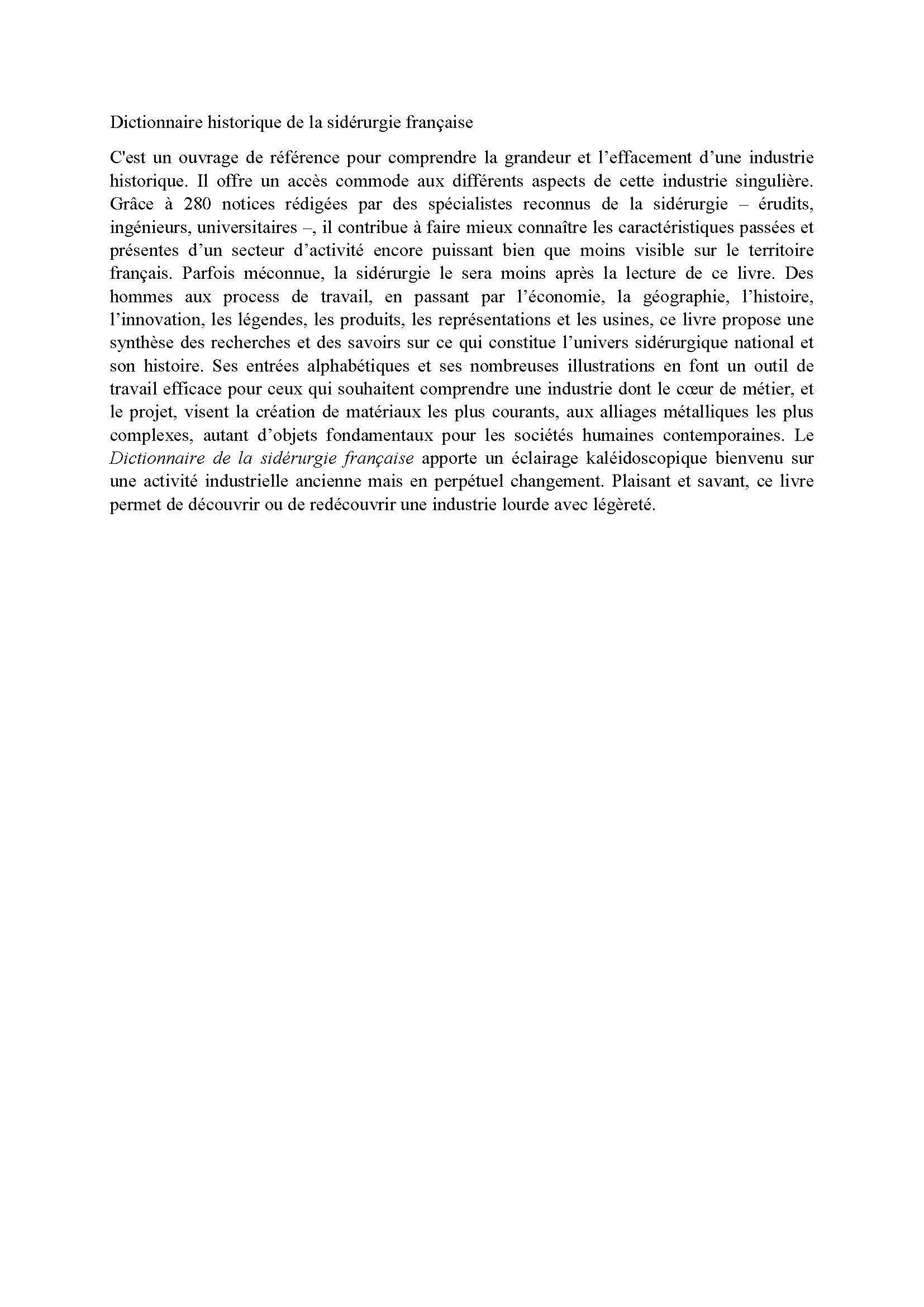 Dictionnaire historique de la sidérurgie française