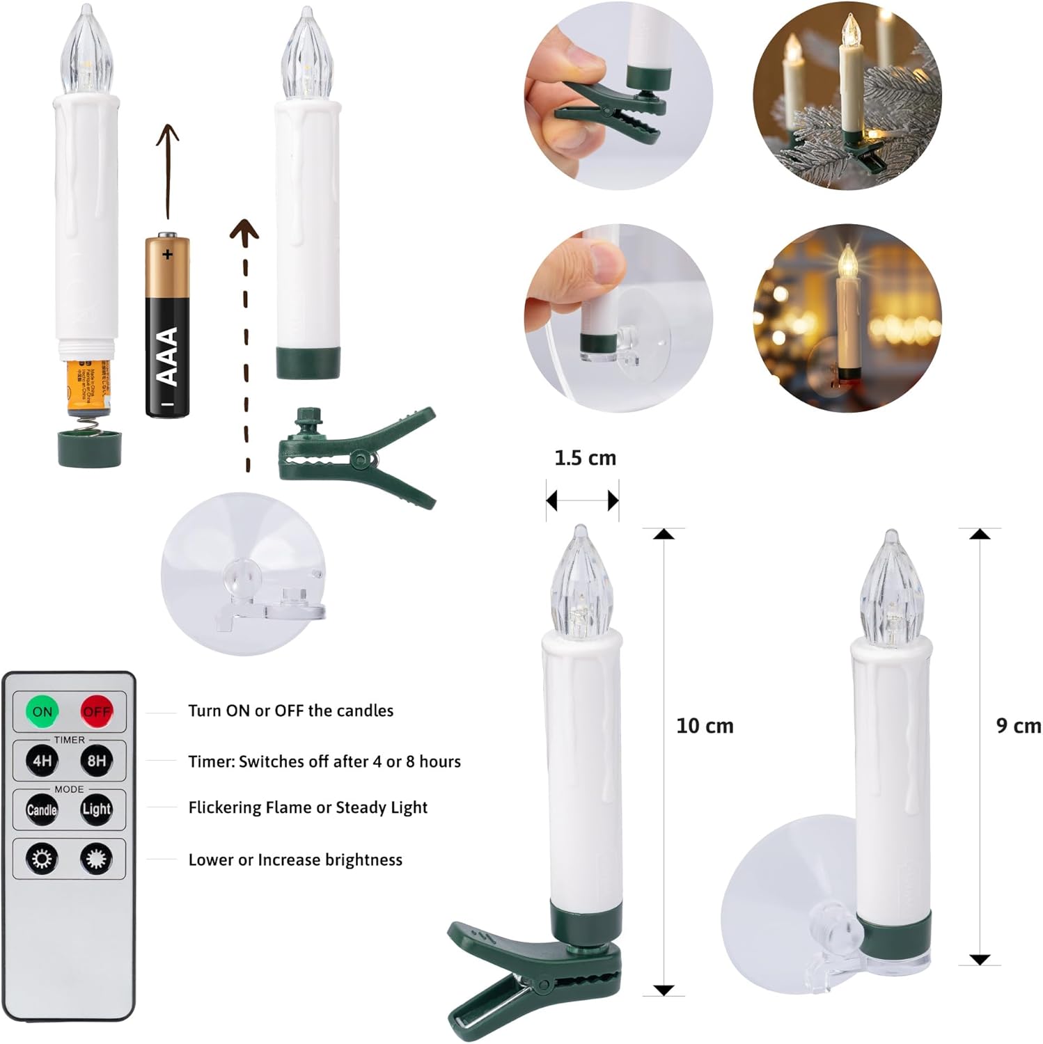 WYZworks 20 Pack LED Flameless Taper Clip On/Suction Cup Candles for Christmas Tree/Window Candles, 3.5" Flickering Warm White Candle Lights Ornaments, Crown Wreath, Battery Operated, Remote/Timer