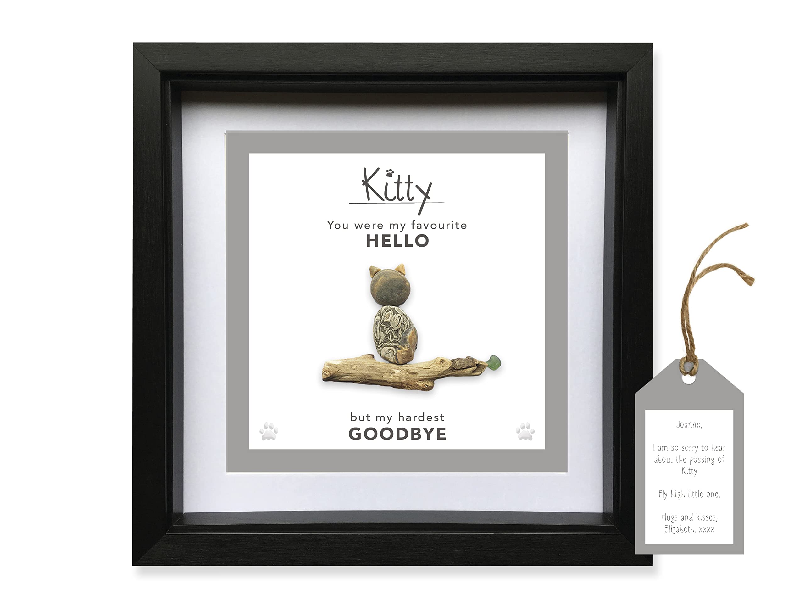Pebble Art Picture Pet Dog or Cat Bereavement gift. Favourite Hello Hardest Goodbye. Personalised Handmade & Framed to Order • Pet Loss. Options Available
