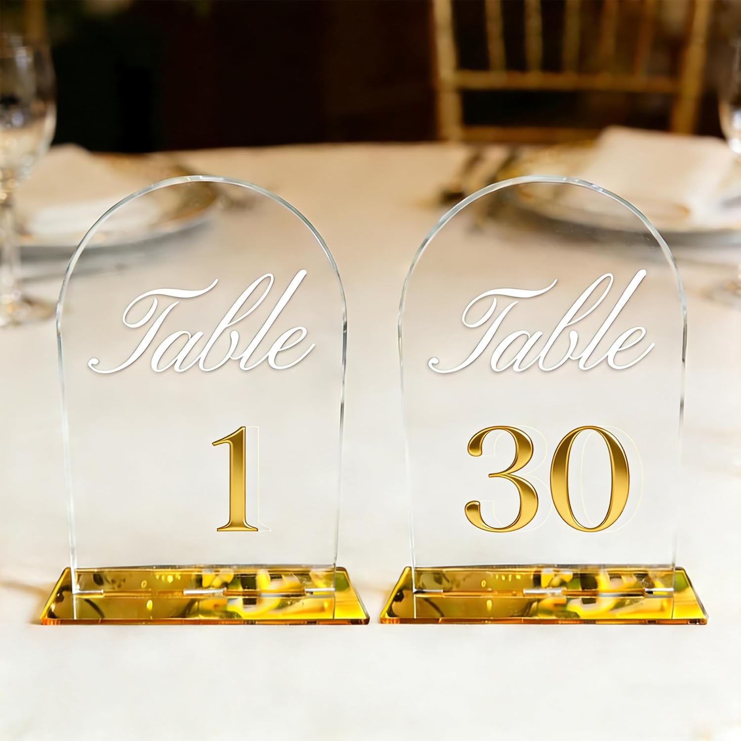 Acrylic Table Numbers, Arched Wedding Table Numbers 5.5 x 7” with Stands, Wedding Table Number Stands for Wedding, Party, Anniversary, Birthday Events (lucency, 1-30)