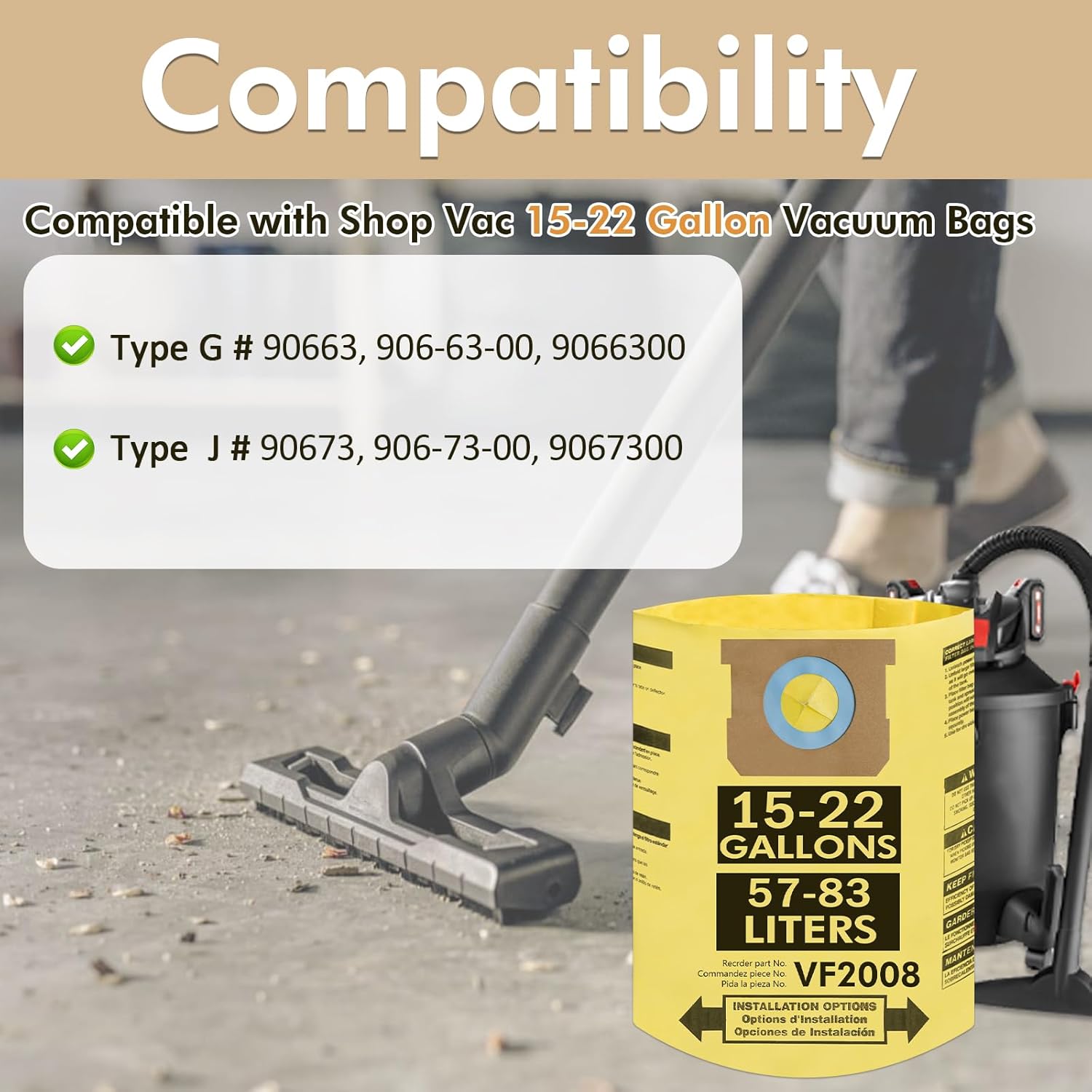 10 Pack Vacuum Bags Compatible with Shop Vac 15-22 Gallon Vacuum,Type G 90663 9066300;Type J 90673 9067300,VF2008,High Efficiency Disposable Dust Collection Vacuum Filter Bags
