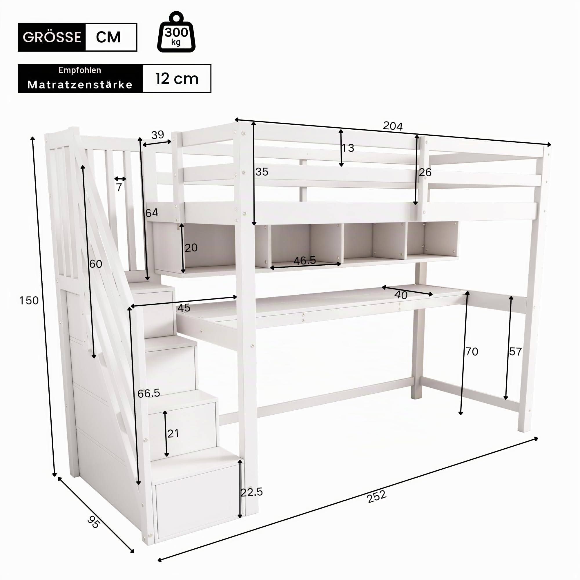 Hochbett Kinder 90x200 mit Schreibtisch, Kinderbett mit Stauraum-Treppe und Bücherregalen, Massivem Kiefernholz, Weiß,1 Kinder (B-Weiß)