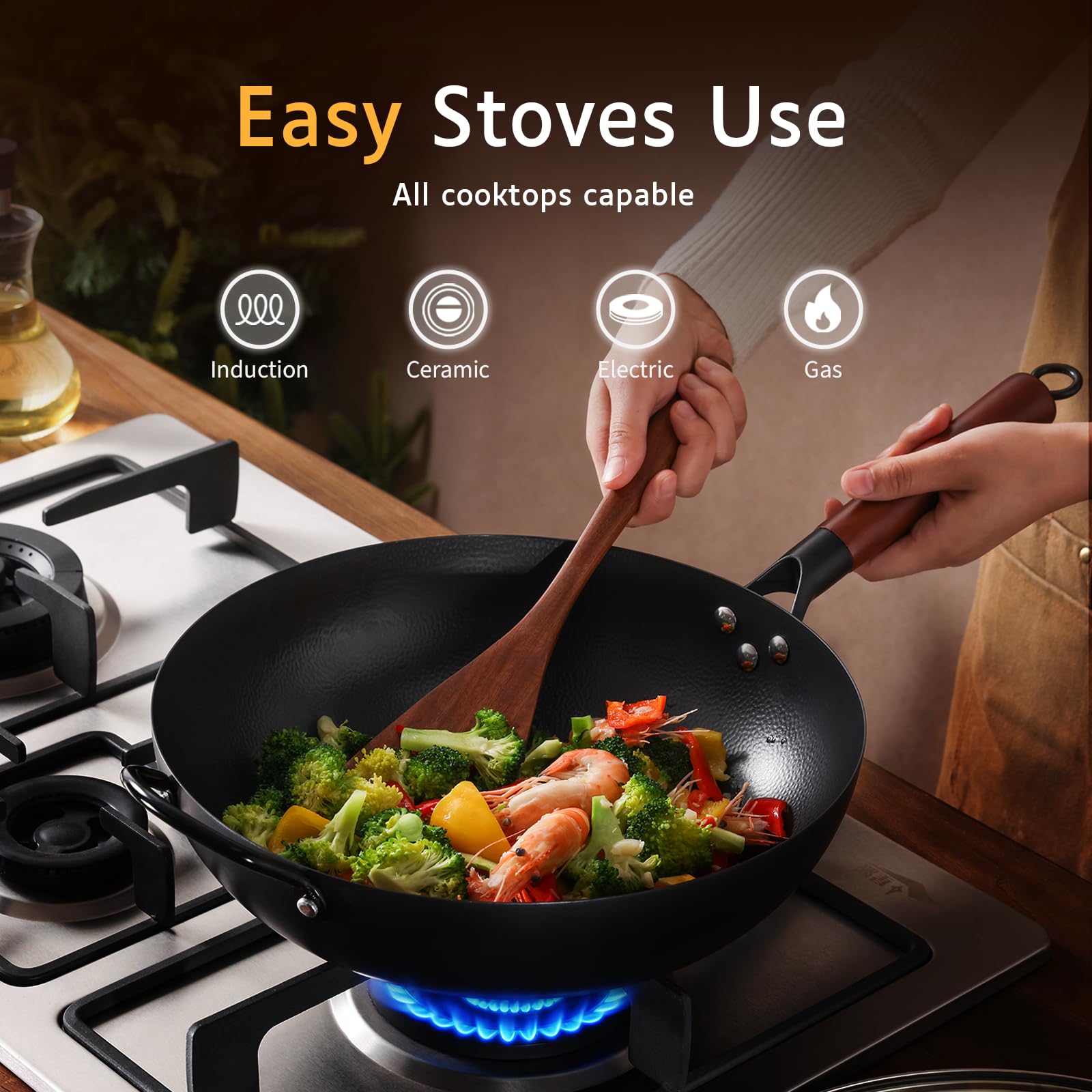 Kordisen Wok de Acero al Carbono 32cm con Tapa, Mango de Madera, Fondo Plano para Inducción y Gas, Antiadherente Natural, Gran Capacidad para 3-6 Personnes, Sartenes para Saltear Estilo Asiático | 17 cm Flachboden für Induktion, Gas, Elektro und Glaskeram