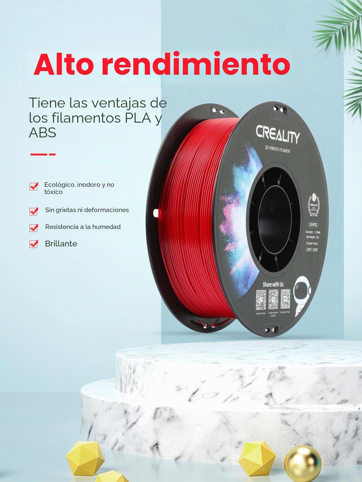 Creality Filamento PETG 1.75mm 4KG para impresión 3D, Excelente Dureza, Alta Precisión, Sin Olor y Tóxico, A Prueba de Humedad, Filamento PETG Brillante de 1kg para Impresora 3D