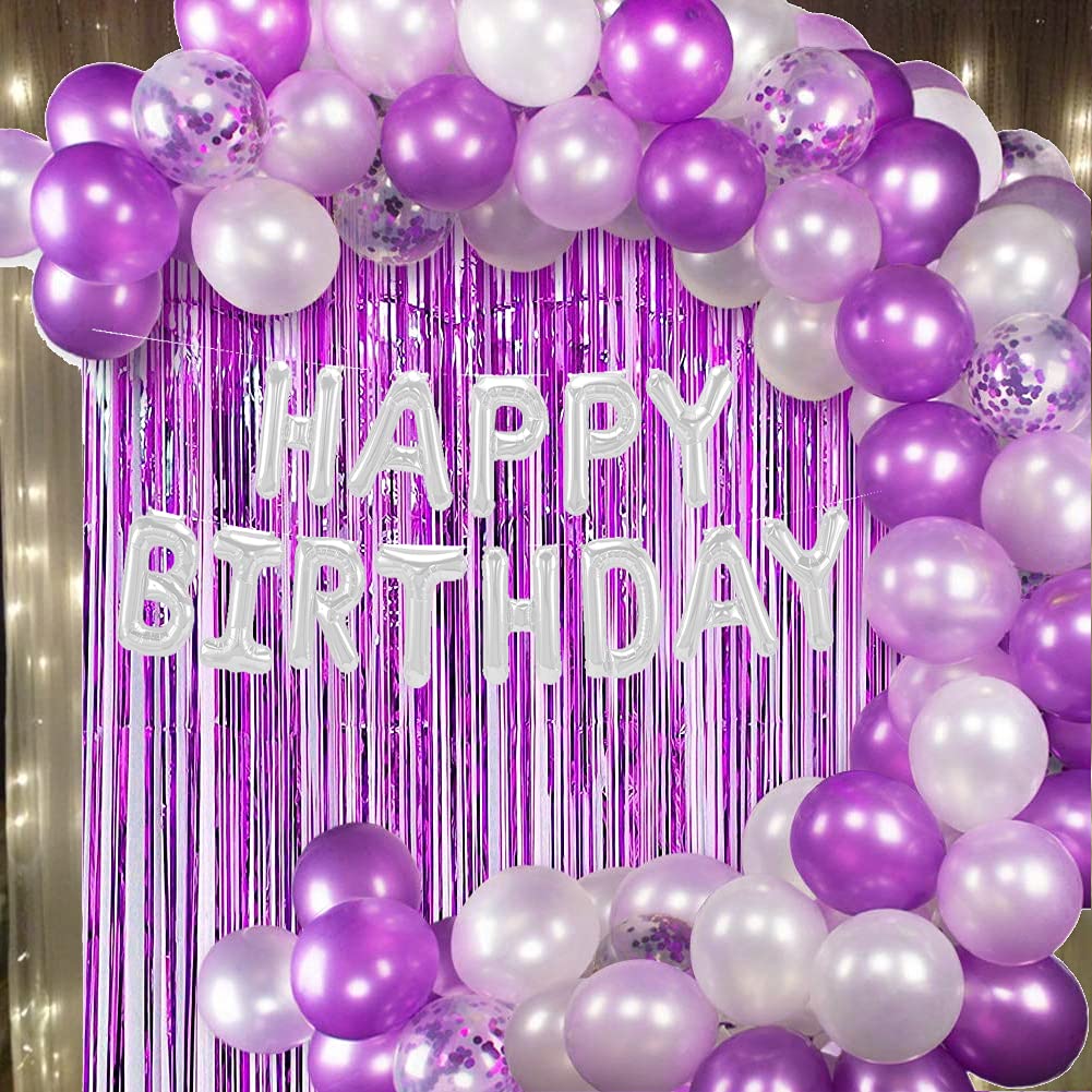 Smartz Minds Happy Birthday decoration set of 83pc combo with Happy Birthday Foil Silver color, 60 Mettalic & 5 confetti Balloons, Fringe, Balloon Arch, Ribbon,Fairy Light for Birthday Decoration