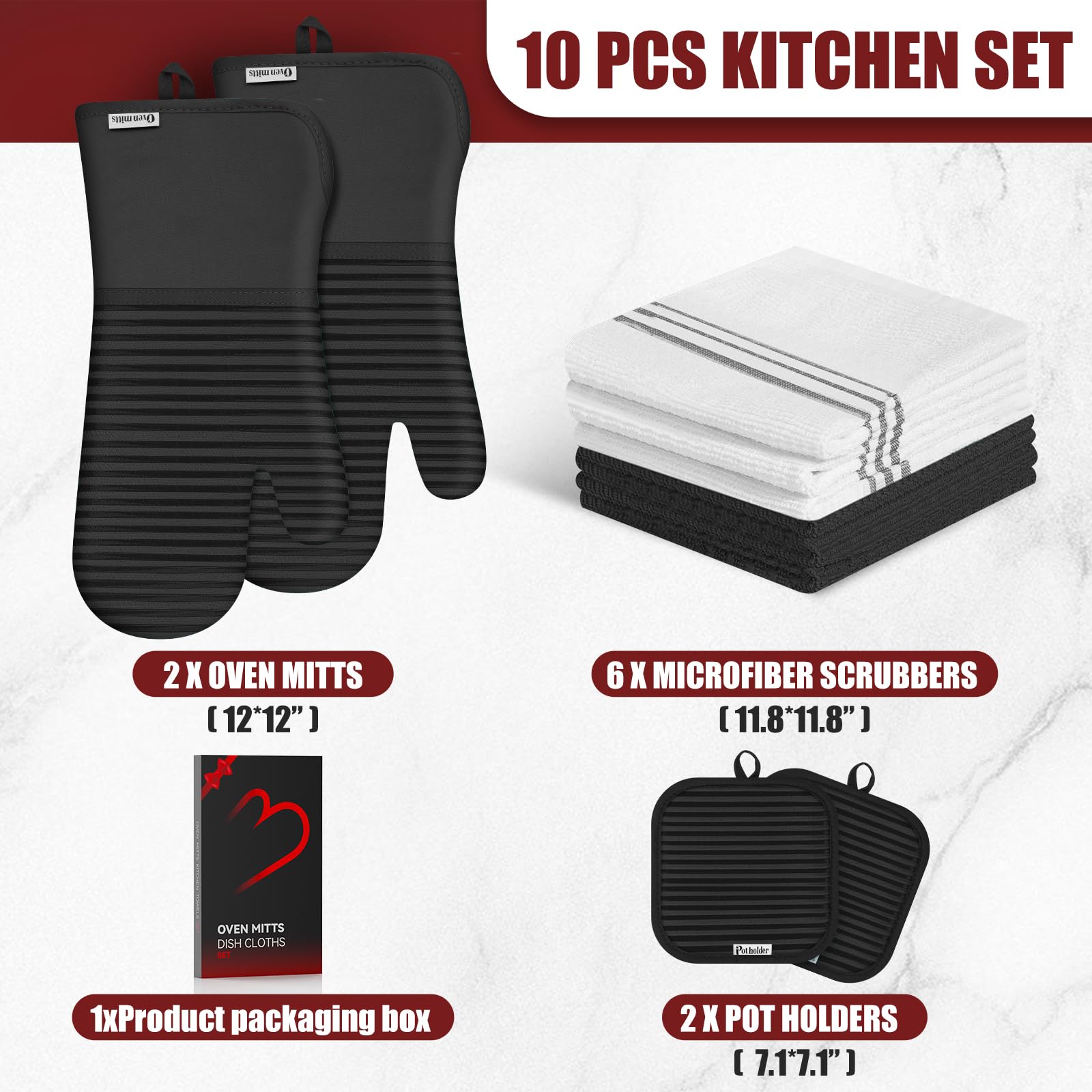 Set di guanti da forno e presine con impugnatura in silicone, resistenti al calore fino a 260 °C, confezione da 6 strofinacci/strofinacci per cucina, 100% cotone, essenziali per cucinare, cuocere al