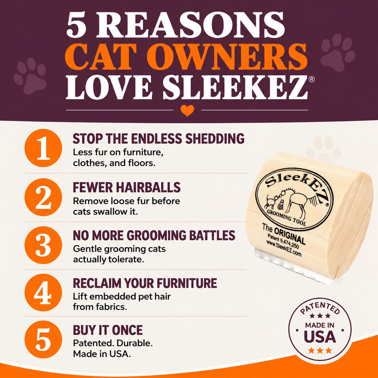 SleekEZ Cat Brush for Shedding - Deshedding Brush for Cats - Patented Grooming Tool for Removing Loose Fur, Undercoat & Hair - Made in USA - Works on Short, Medium & Long Coats view 2