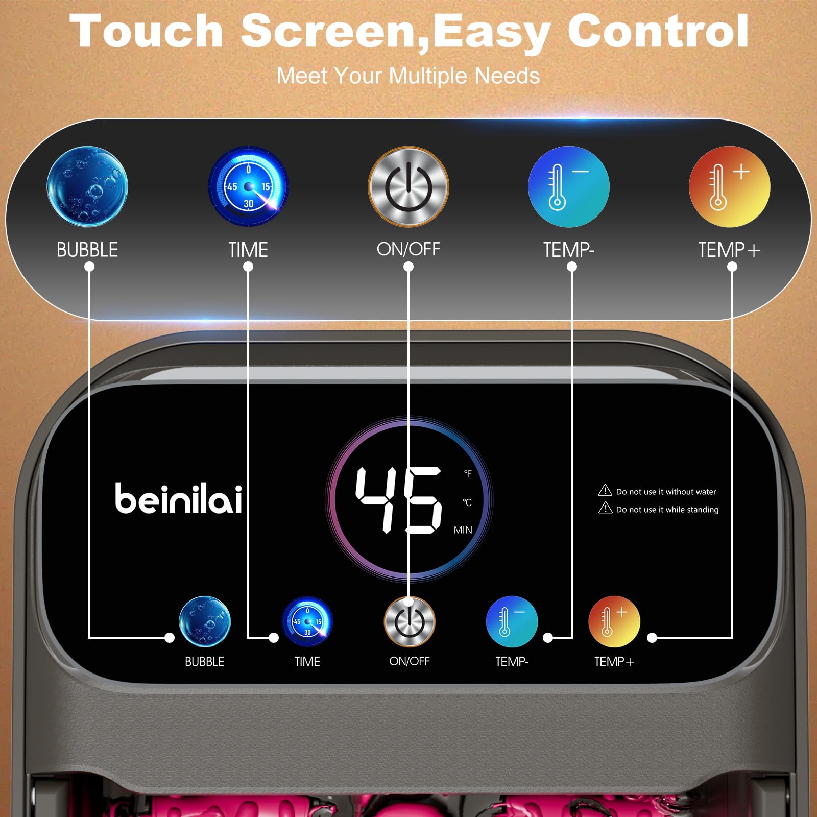 Beinilai Vasca idromassaggio pieghevole con display digitale e schermo a colori, controllo della temperatura e timer, pediluvio portatile con riscaldamento, 6 rulli massaggianti e bolle per rilassarsi