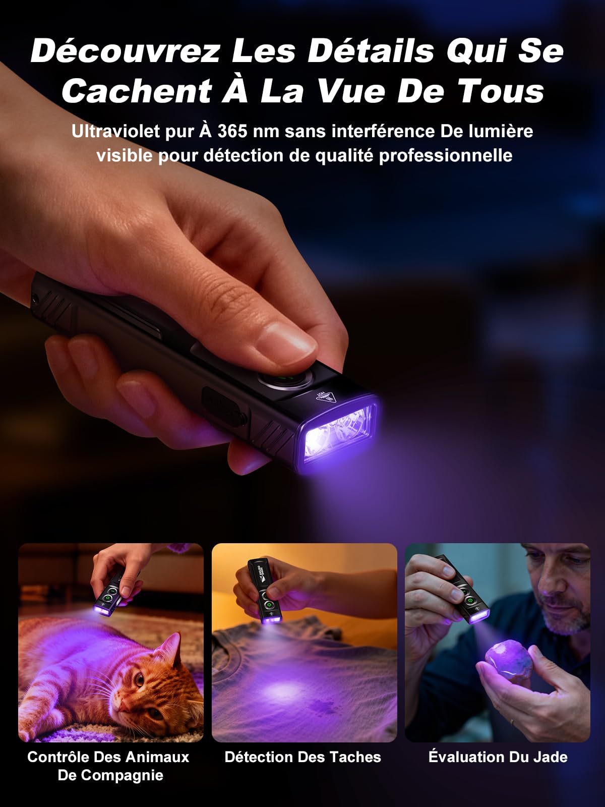 Smiling Shark Lampe Torche EDC T02, Rayon Vert & Lumière Violette & Blanche 900 Lumen (3 Modes) Éclairage Latéral Rouge/Blanc, Flashlight Avec Clip & Pied Magnétique Pour Urgence Camping (Noir)